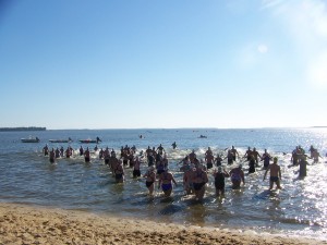 Rushing in from the swim 